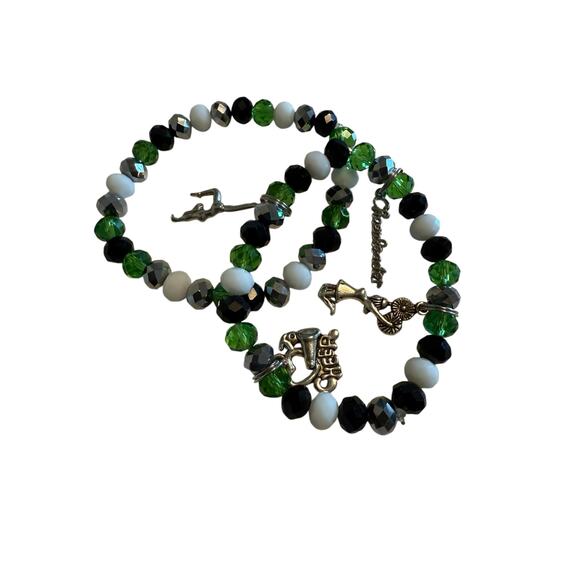 Set of 2 New Green Black White Cheer Cheerleading Cheerleader Beaded Bracelet - Picture 1 of 3